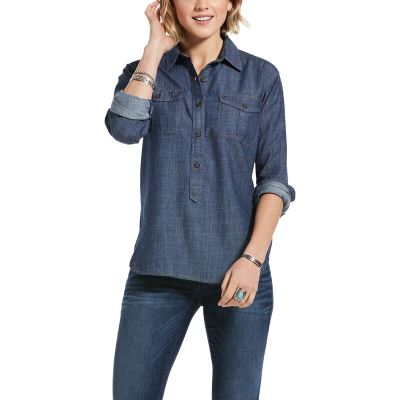 Ariat Western: Washed Twill Popover Camisa Mujer - Azules Oscuro (NIMJC0865)